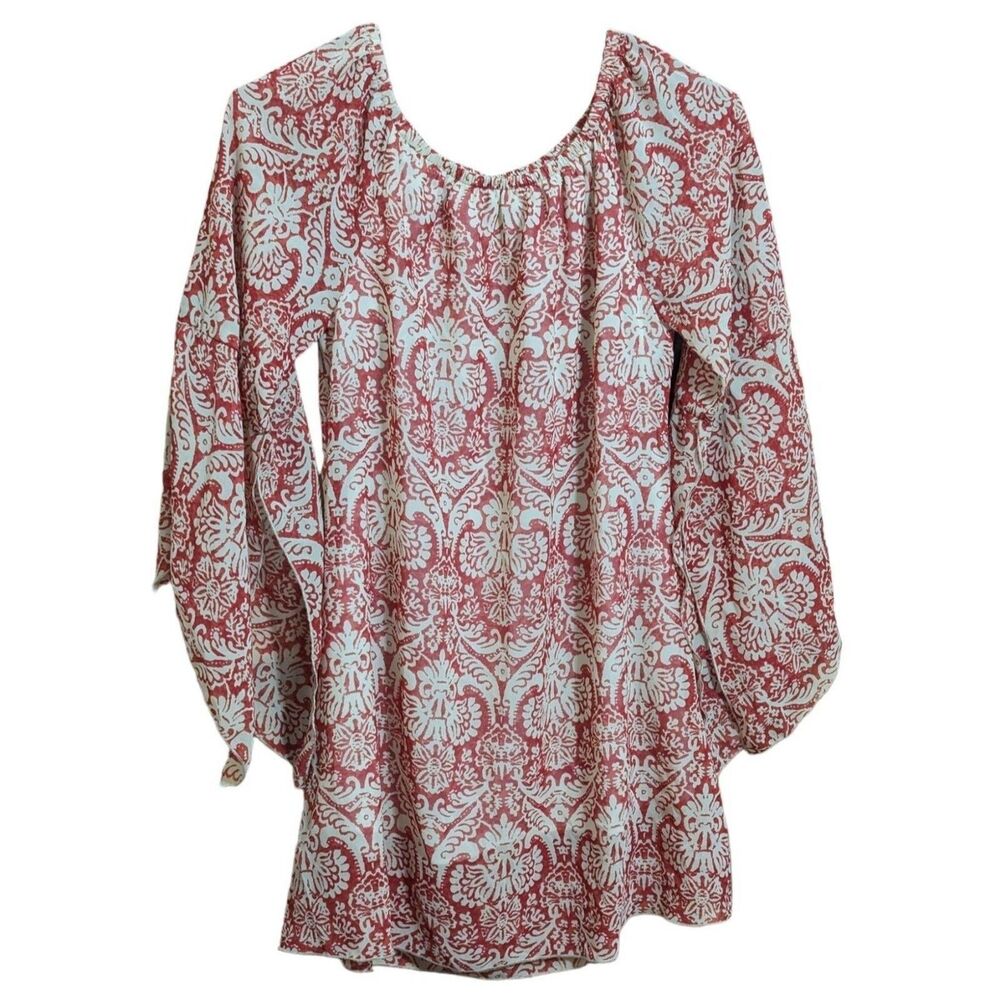 Live 4 Truth Cottagecore Women's Blouse Large Bell Sleeve Red & White Lined Boho